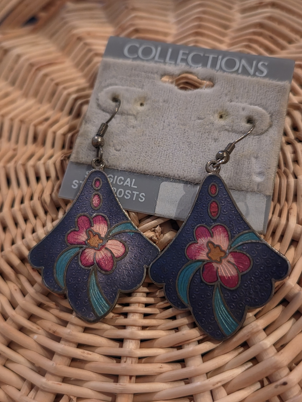 Recollections Purple Floral Enamel Drop Earrings with Pink & Teal Details